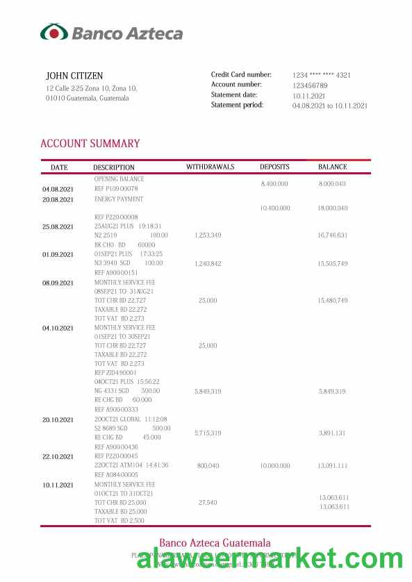 Guatemala Azteca bank statement template, Word and PDF format